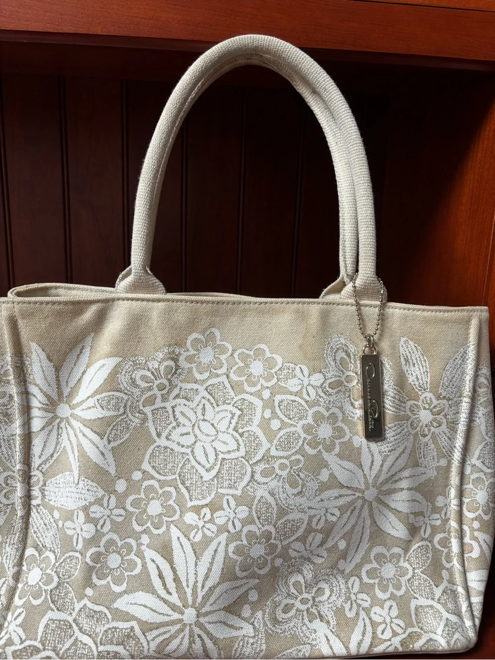 Oscar De La Renta Beige With White Flowers tote